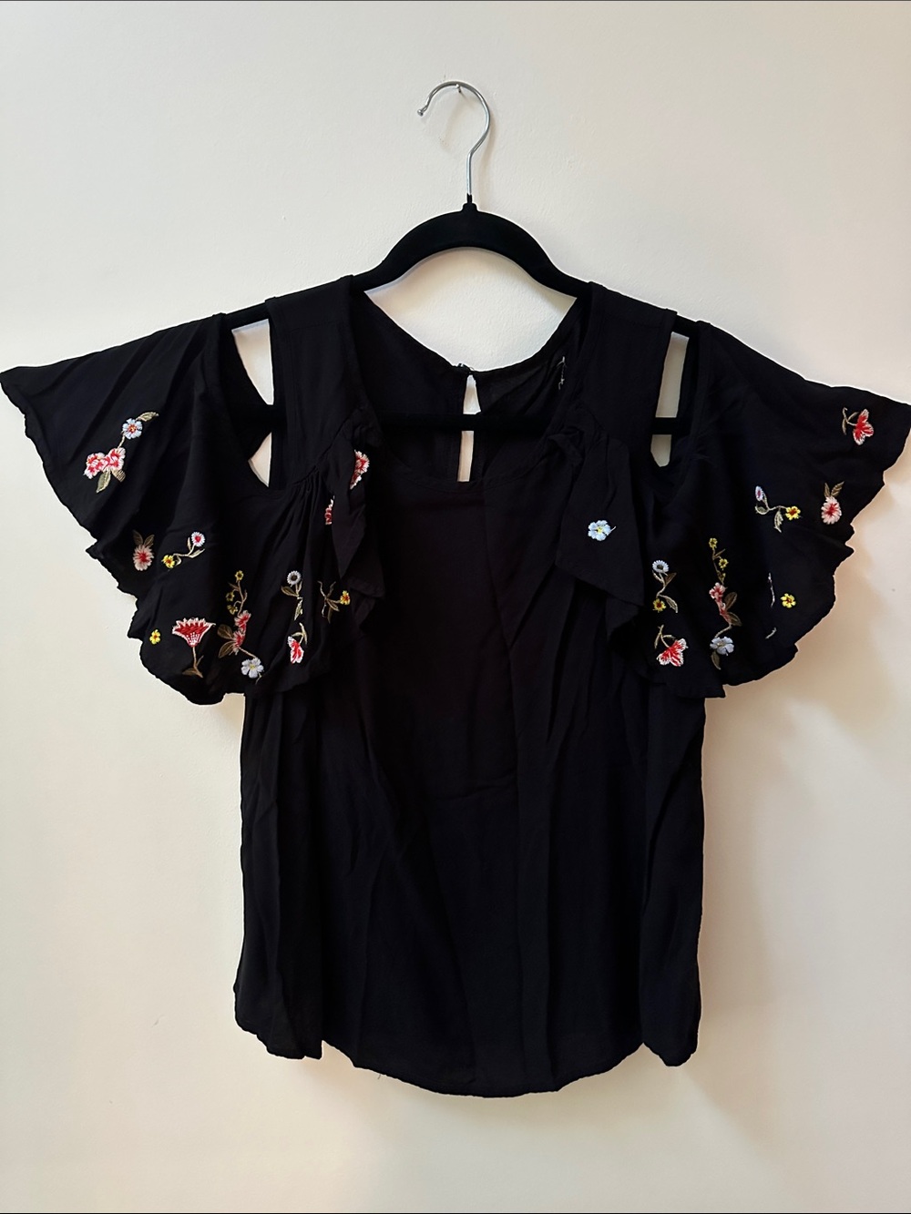 Black Embroidered Flutter Sleeve Women's Top
